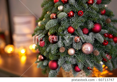 Beautiful small Christmas tree on wooden table. Happy mood. Garland lamp bokeh on background. Wallpaper. Danish pine and fir, Nobilis 60713747