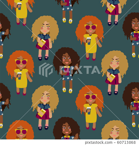 Cute fashion girls seamless vector pattern. Teenager women crowd blue texture. Cute fashion girls seamless vector pattern. Teenager women crowd blue texture. 60713868