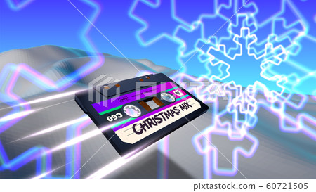 Christmas holiday mix cassette flying with neon snowflake in 80s synthwave or retrowave style 60721505