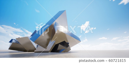 鮮豔細緻的全景景觀圖：抽象金屬幾何方塊牆（3D CG 渲染數位插圖） 60721815