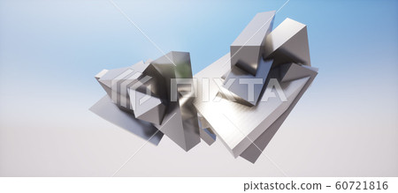 鮮豔細緻的全景景觀圖：抽象金屬幾何方塊牆（3D CG 渲染數位插圖） 60721816