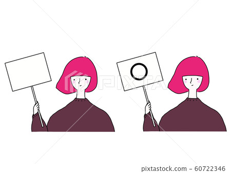 A woman holding a round tag and a woman holding a blank tag A woman holding a round tag and a woman holding a blank tag 60722346