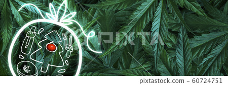 Creative Christmas background from hemp leaves, marijuana and a neon sign Christmas toy. Flat lay Banner 60724751