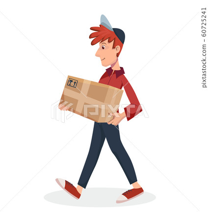 Delivery man walks and holding cardboard parcel box. Fast Delivery service by courier concept. Vector cartoon character illustration 60725241