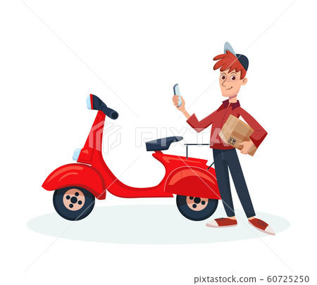 Delivery man holding mobile phone and cardboard parcel box in his hands. Fast Delivery service by courier and scooter concept. Vector cartoon character illustration 60725250