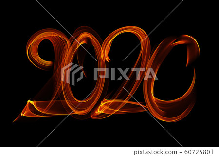 Happy new year 2020 isolated numbers lettering written with fire flame or smoke on black background Happy new year 2020 isolated numbers lettering written with fire flame or smoke on black background 60725801