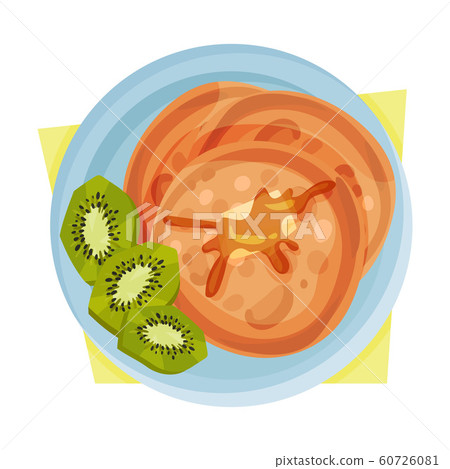 Breakfast Table Vector Illustration. Pancakes with Sliced Kiwi Fruit Served on Plate Breakfast Table Vector Illustration. Pancakes with Sliced Kiwi Fruit Served on Plate 60726081