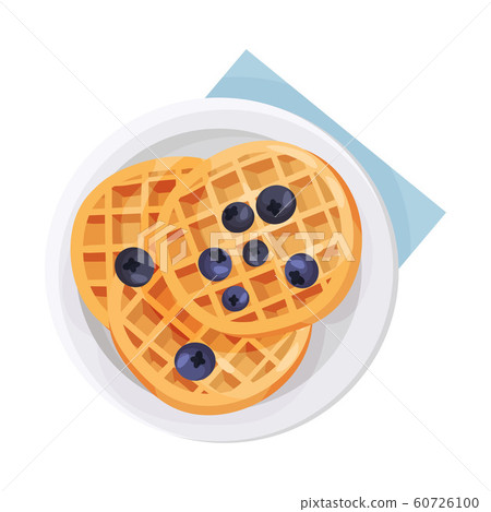 Breakfast Table Vector Illustration. Waffles with Blueberries Served on Plate 60726100
