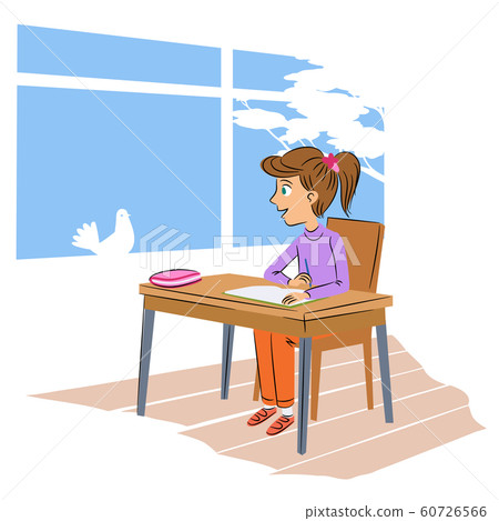 Schoolgirl at desk flat vector illustration 60726566