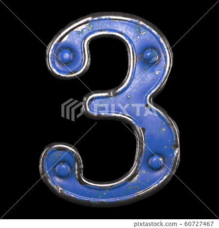 Number 3 made of painted metal with blue rivets on black background. 3d Number 3 made of painted metal with blue rivets on black background. 3d 60727467