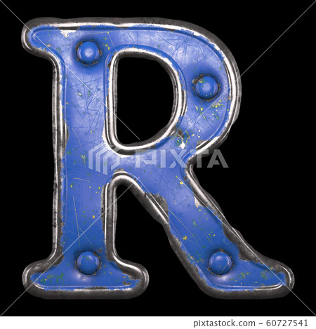 Uppercase letter R made of painted metal with blue rivets on black background. 3d Uppercase letter R made of painted metal with blue rivets on black background. 3d 60727541