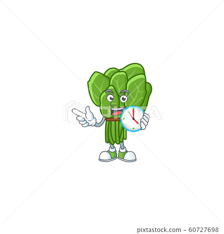 Happy spinach cartoon mascot style with clock Happy spinach cartoon mascot style with clock 60727698