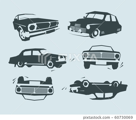 Retro muscle cars, abstract silhouette, simple shape for retro flat and vintage design. Car exhibition, old cars. Retro muscle cars, abstract silhouette, simple shape for retro flat and vintage design. Car exhibition, old cars. 60730069