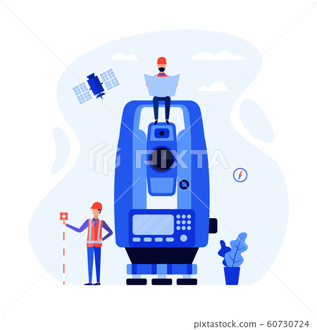 Concept surveyors, geodesists using the total station, theodolite, measuring instruments. 60730724