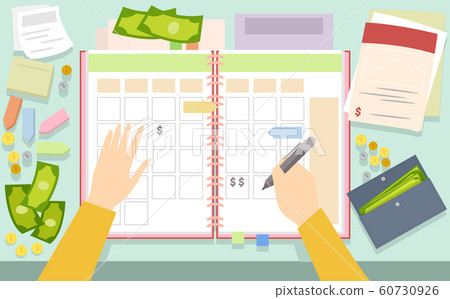 Hands Planner Bills Money Illustration Hands Planner Bills Money Illustration 60730926