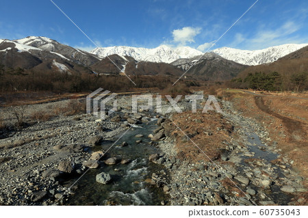 View from Hakuba Bridge before snow falls in winter, village View from Hakuba Bridge before snow falls in winter, village 60735043
