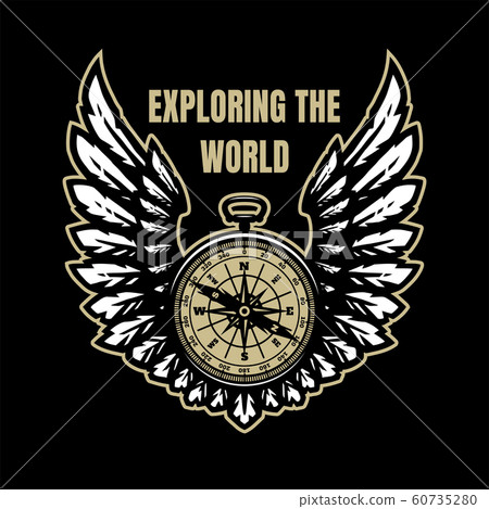 Exploring the world. Compass and wings, sign, symbol on a dark background. Vector illustration. 60735280