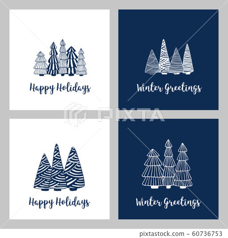 Christmas cards set with doodle sketched fir trees. Line drawing. Hand drawn illustration. 60736753