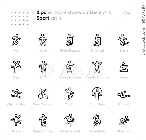 Sport and Fitness Activity outline vector icons. Run, Yoga, Stair Stepper, High-intensity interval training, Tai Chi, Pilates. Editable stroke. 60737397