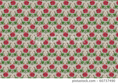 Background from embroidery bouquets of red with white flowers and clover leaves 60737490