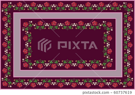 Tablecloth of frame with bouquets of flowers and clover leaves on claret background 60737619