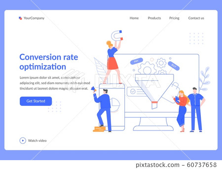 Conversion rate optimization. Sales funnel strategy, SEO optimization and sales statistical tests. Marketing service vector illustration. Social media promotion business landing page template 60737658
