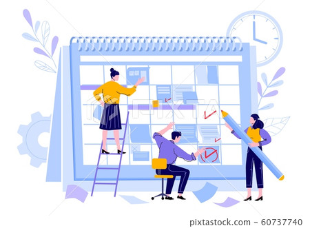 Managers team organize project calendar. Professional manager\
workers, working time planner calendars and teamwork activity\
organization plan vector illustration. Deadline reminder and task\
planner