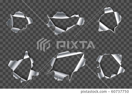 Hole in metal. Ripped steel, ragged metals holes and crack in metallic material realistic 3D vector set. Fractured metallic gaps isolated on transparent background. Damaged iron cliparts collection