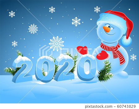 Happy new year 2020. Snowman in santa hat make ice snow number 2020 60743829