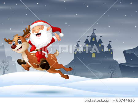 Happy santa claus riding a reindeer jumping on snow Happy santa claus riding a reindeer jumping on snow 60744630