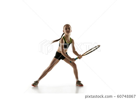 Little caucasian girl playing tennis isolated on white background Little caucasian girl playing tennis isolated on white background 60748867