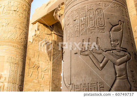 Ruins and Hieroglyphs in the famous Temple of Kom Ombo in Egypt on nile river bank 60749737