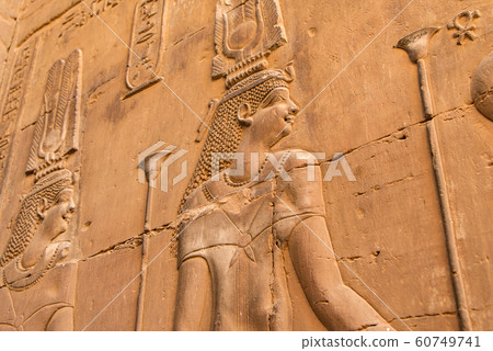 Ruins and Hieroglyphs in the famous Temple of Kom Ombo in Egypt on nile river bank Ruins and Hieroglyphs in the famous Temple of Kom Ombo in Egypt on nile river bank 60749741
