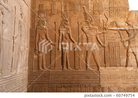 Ruins and Hieroglyphs in the famous Temple of Kom Ombo in Egypt on nile river bank 60749754