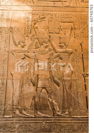 Ruins and Hieroglyphs in the famous Temple of Kom Ombo in Egypt on nile river bank 60749765