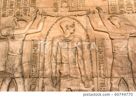 Ruins and Hieroglyphs in the famous Temple of Kom Ombo in Egypt on nile river bank 60749770