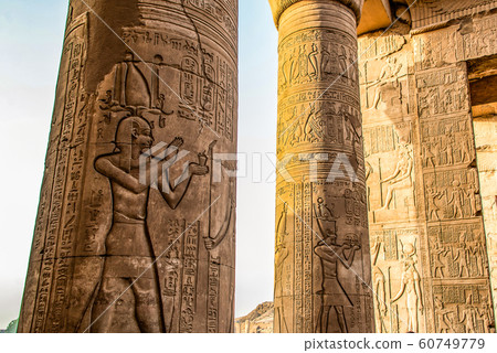 Ruins and Hieroglyphs in the famous Temple of Kom Ombo in Egypt on nile river bank Ruins and Hieroglyphs in the famous Temple of Kom Ombo in Egypt on nile river bank 60749779