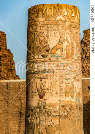 Ruins and Hieroglyphs in the famous Temple of Kom Ombo in Egypt on nile river bank Ruins and Hieroglyphs in the famous Temple of Kom Ombo in Egypt on nile river bank 60749803