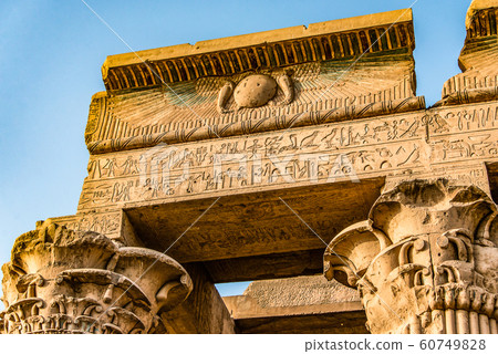 Ruins and Hieroglyphs in the famous Temple of Kom Ombo in Egypt on nile river bank Ruins and Hieroglyphs in the famous Temple of Kom Ombo in Egypt on nile river bank 60749828