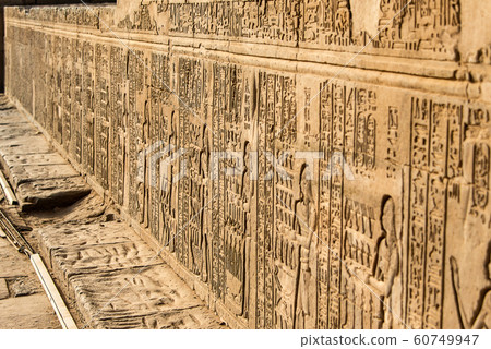 Ruins and Hieroglyphs in the famous Temple of Kom Ombo in Egypt on nile river bank 60749947
