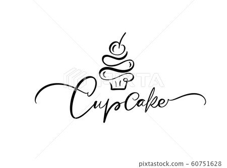 Cupcake vector calligraphic text with logo. Sweet cupcake with cream, vintage dessert emblem template design element. Candy bar birthday or wedding invitation Cupcake vector calligraphic text with logo. Sweet cupcake with cream, vintage dessert emblem template design element. Candy bar birthday or wedding invitation 60751628