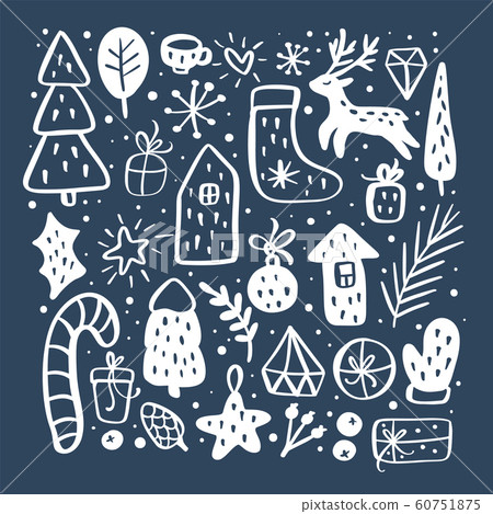 Hand drawn Sketch design of happy new year Doodles with Lettering set with  Christmas trees snowflakes snowman elfs deer Santa Claus and festive  elements Vector Illustration on chalkboard 2425666 Vector Art at