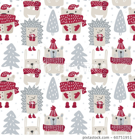 Kids seamless pattern with cute bears and hedgehog and rabbit in simple cartoon scandinavian style. For children textile, wallpaper 60751951
