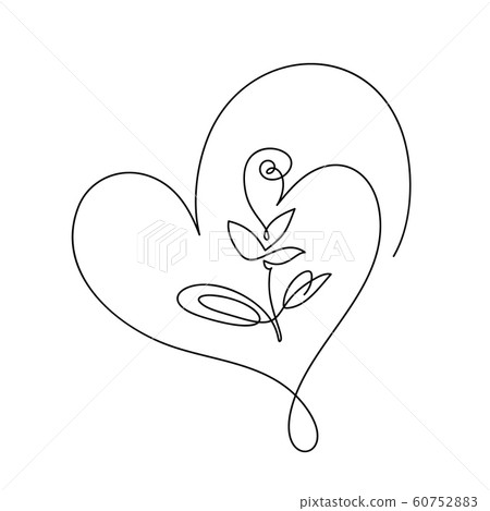 Continuous line hand drawing calligraphic vector flower with heart. Concept logo beauty. Monoline spring floral design element in minimal style. Valentine love concept Continuous line hand drawing calligraphic vector flower with heart. Concept logo beauty. Monoline spring floral design element in minimal style. Valentine love concept 60752883