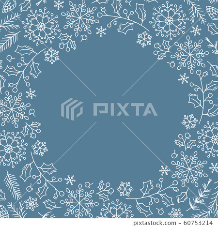 Christmas background with xmas snowflakes, leaves and other elements. Vector template for greeting card with place for text. Winter isolated frame 60753214