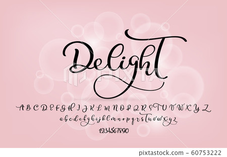 Handwritten brush style modern calligraphy cursive font with flourishes. Calligraphy alphabet. Cute calligraphy letters. For postcard or poster decorative graphic design. Isolated letter elements 60753222