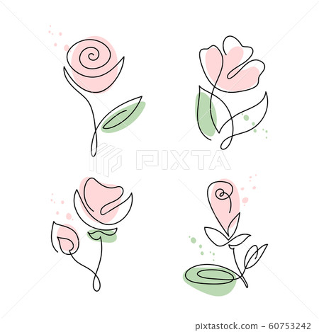 Set of continuous line hand drawing calligraphic vector flower rose. Bundle concept logo beauty. Monoline spring floral design element in minimal style. Valentine love concept 60753242