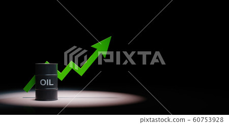 Oil Barrel With Rising Arrow Chart Spotlighted on Black Background 60753928