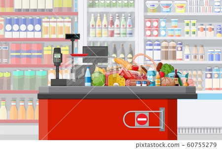 Supermarket store interior with goods. Supermarket store interior with goods. 60755279