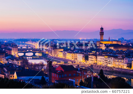 Italy, the city of Florence at dusk overlooking Piazzale Michelangelo 60757221